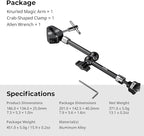 SMALLRIG 11 Inch Magic Arm with Crab-Shaped Clamp, Arm with 1/4"-20 Screw and Retractable Pins, for Action Cameras, Monitors, Video Lights, and Microphones - 5311