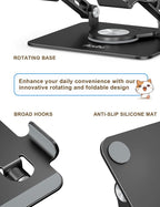 Tablet Stand 360° Rotating Aluminum Holder, Adjustable, Portable and Foldable Monitors Stand for iPads, Compatible with 4-12.9" Tablets, Ink Black
