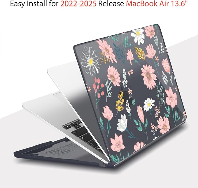Teryeefi for MacBook Air M4 M3 M2 13 inch Case fits Model A3240 A3113 A2681, Hard Shell for MacBook Air 13.6" 2022-2025 Released with Keyboard Cover+Screen Protector+Type C Adapter, Petal and Flowers