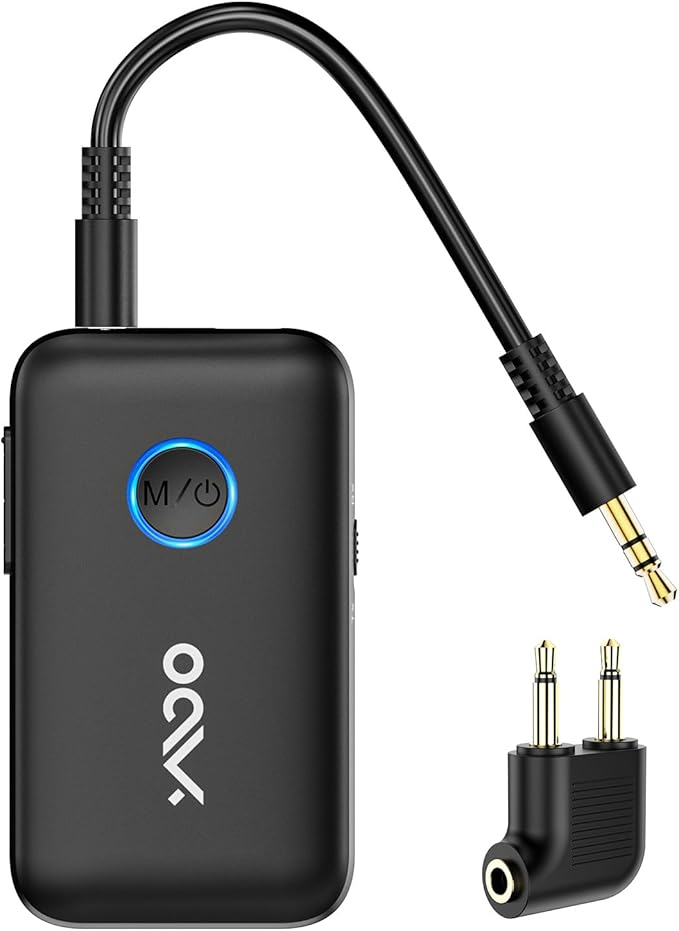 YMOO Bluetooth 5.3 Transmitter Receiver for TV/Airplane, Supports 2 Headphones/Speaker with AptX Adaptive & Low Latency, 3.5mm Jack Aux HiFi Stereo Wireless Audio Adapter for Flight, Travel, Planes