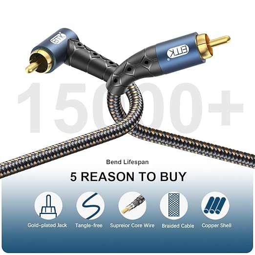 EMK RCA Subwoofer Cable 90 Degree RCA to RCA Audio Cable 24K Gold-Plated Nylon Braided Double Shielded Digital Analogue Supports Amplifiers,Home Theater,Hi-Fi Systems,Subwoofer(50ft/15m)