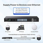 Tenda TEG1120P-16-250W, 16 Port Gigabit PoE Switch Compatible with IEEE 802.3af/at Devices, Rack Mountable, Unmanaged PoE+ Switch with 16 Port PoE+@230W & 2 RJ45 Ports & 2 SFP Slots