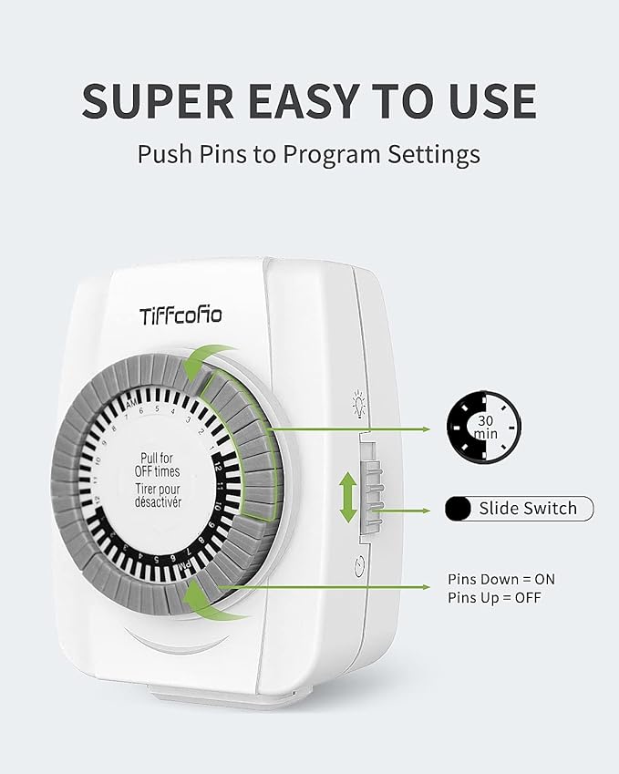TiFFCOFiO Indoor Mechanical Outlet Timer, 3 Prong Timers for Electrical Outlets, 24-Hour Programmable Plug in Light Timer, ETL Listed (1 Pack)