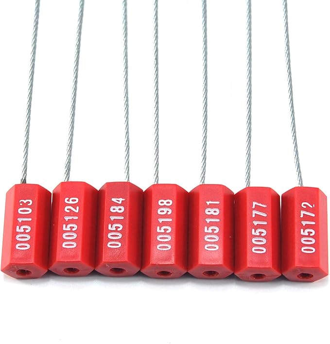 Pull-Tite Steel Security Cable Wire Seals Numbered Anti-Tamper Security Tags (Red, Pack of 50pcs)