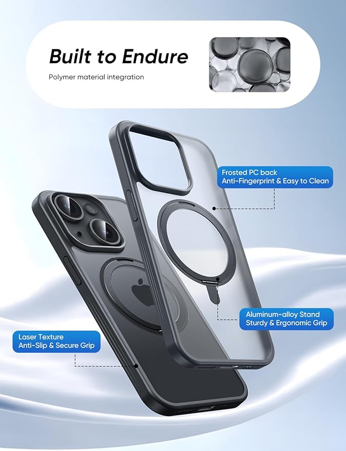 MAGIC JOHN for iPhone 15 Case 360° Rotatable Magnetic Invisible Stand, Fit for MagSafe 15 Phone Case, 16FT Military Grade Shockproof for iPhone Case with Kickstand, Black