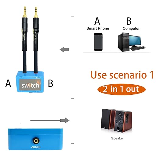 20ft Sound Channel swicher 1/8" aux Input 3.5mm Female to 2X 3.5 Output Switch Selector 2 in 1 Out R/L Stereo Audio 1 in 2 Out Stereo Audio Splitter with Phone pc Player