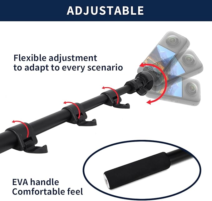 Motorcycle Bike Handlebar Double clamp Mount Invisible Selfie Stick Super Camera Clamp 360°Rotating Extendable Ballhead Magic Arm 60'' for Insta360 ONE X3 X2 X RS R Go 2 3 Action Camera, Black