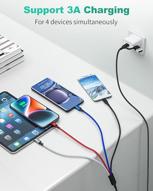 HanCenDa 4 in 2 Multi Charging Cable, 3Pack 6FT Multiple Chargers for All Devices Nylon Braided USB A/C to 2*Lighting/Typc C/Micro USB Port Universal Multi USB Charger Cords for iPhone 16/15