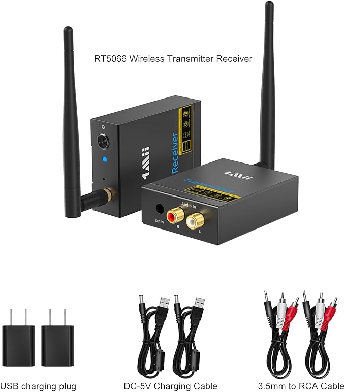 1Mii 2.4Ghz Wireless Audio Transmitter Receiver for TV, 320ft Long Range 20ms Low Delay HiFi Audio, Wireless Adapter Kit for Subwoofer/Powered Speaker/Stereo/Soundbar, RCA(3.5mm AUX) Out/Input