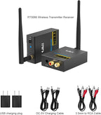 1Mii 2.4Ghz Wireless Audio Transmitter Receiver for TV, 320ft Long Range 20ms Low Delay HiFi Audio, Wireless Adapter Kit for Subwoofer/Powered Speaker/Stereo/Soundbar, RCA(3.5mm AUX) Out/Input