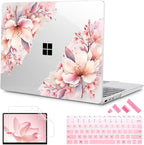 Tuiklol Case for 15 Inch Microsoft Surface Laptop 5/4/3 2022-2020, Model 1979/1953/1872/1873 Hard Shell Cover, Keyboard Cover+Screen Protector+Dust Plugs,Pink Big Flower