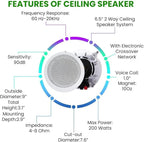 Vaiyer Home Stereo System Kit - 7.2 Channel 4500 Watts Bluetooth Amplifier with 8 Qty of 6.5" Ceiling Speakers 200W Each, Mic, 16 AWG 500 ft. Speaker Wire & Remote for Home, Bar, Office, Restaurant