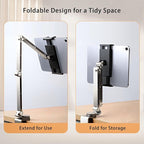 iPad Mount for Desk Aluminum Alloy Tablet Stand Foldable Overhead Arm Holder Mount Fits for 4.7-15.6" Screen Phone,Kindle,Fire HD,Monitor,iPad,Galaxy Tab Series (Silver)