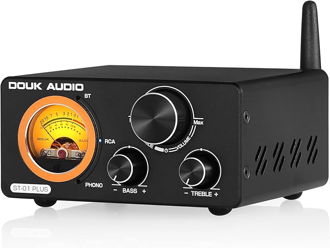 Douk Audio 2 Channel TPA3255 Bluetooth Amplifier 300W x2, Turntable Phono Amp with VU Meter, Treble Bass Control for MM Record Players, Home Theater Speakers (ST-01 Plus)
