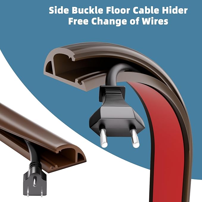4ft Side Buckle Floor Cord Cover for Wires, Selfadhesive Extension Cord Hider Easy Floor Cable Management Prevent Cable Trips,Silicone Floor Wire Covers for Cords, Cable Protector Cord Cavity（Brown）