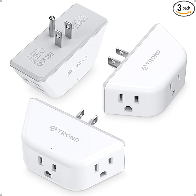 TROND Outlet Extender 3 Pack - Multi Plug Wall Outlet, 3-Prong Grounded Wall Splitter, 3 Way Angled Plug Adapter, Cruise Ship Essentials, Multiple Expander for Travel Home Office Dorm Room, White