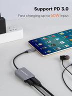 CableCreation USB Type C Splitter, 2-in-1 USB C Audio Adapter and PD Fast Charging, Type C Aux Dongle Compatible with iPad, MacBook, iPhone 16 15 Pro Max Plus, Galaxy S24/S23/S22+, Pixel 9/8/7+, Grey