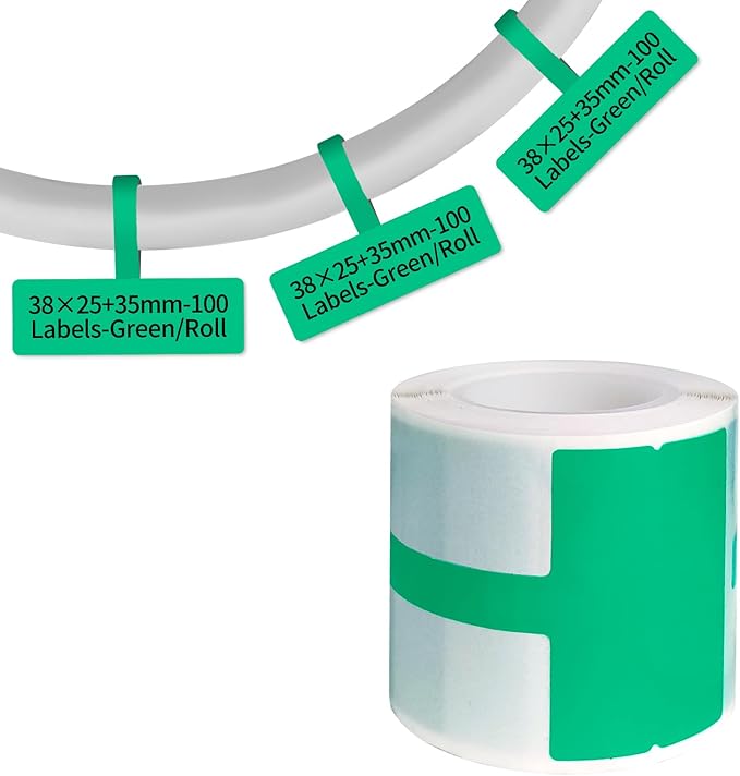 100 Pcs Cable Labels - Waterproof Wire Cord Label, Tear Resistant Wire Labels, Self Adhesive Cord Organizing Label, for Cable Management, Compatible with PUQU AQ20 Label Makers(Green) 38x60mm