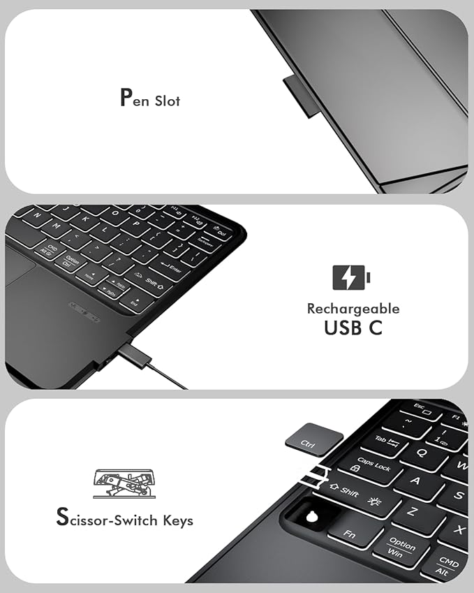 Universal Keyboard Case for 9-11 Inch Tablets, Bluetooth Detachable Keyboard for Android Tablets/iPads/Galaxy Tabs, Magnetic Backlit Keyboard with Washable Adhesive Mount & Any-Angle Stand & Trackpad