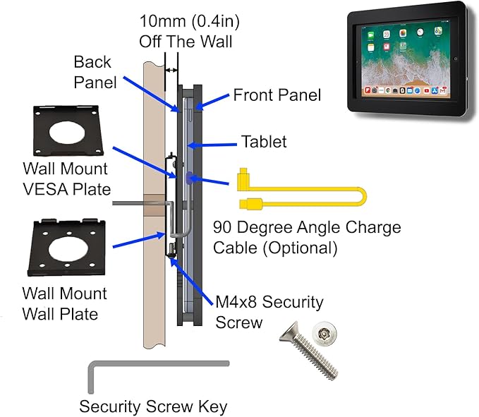 TABcare Anti-Theft Acrylic VESA Enclosure for Apple iPad 10 10.9" 2022, iPad 11" 2025 with Free Wall Mount Kit & 90-Degree Angle USB C Charge Cable (White)