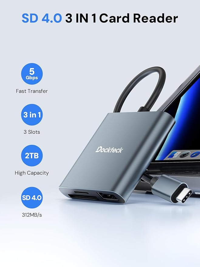 Dockteck SD Card Reader Adapter, 312MB/s SD4.0 Super Speed, USB3.1 SD/TF Card Reader, 3-Slot USBC to SD/Micro SD/USB A Memory Card Reader for UHS-Ⅱ-ⅠSD/Micro SD/SDHC/SDXC/MMC, with OTG for Plug&Play