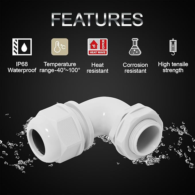 LeMotech M20 Cable Gland, 90 Degree Adjustable 9-14mm Strain Relief, Cord Connectors Nylon Joints with Gaskets, 6 Pcs, Grey