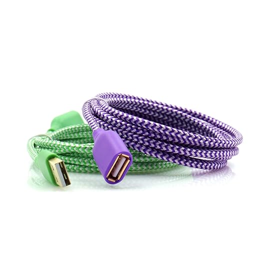 OKRAY USB Extender, 2 Pack 6 Feet USB 2.0 Extension Cable, Durable Nylon Braided Type A Male to A Female Cord Data Transfer Extender Cable for Printer, USB Flash Drive/Game Controller (Purple Green)