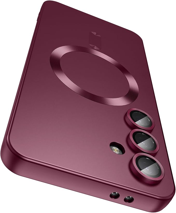 Magnetic for Samsung Galaxy S24 Plus Case [Compatible with MagSafe][Built-in Camera Lens Protector] Slim Soft Silicone Bumper Shockproof Metallic Luster Phone Case (Burgundy)
