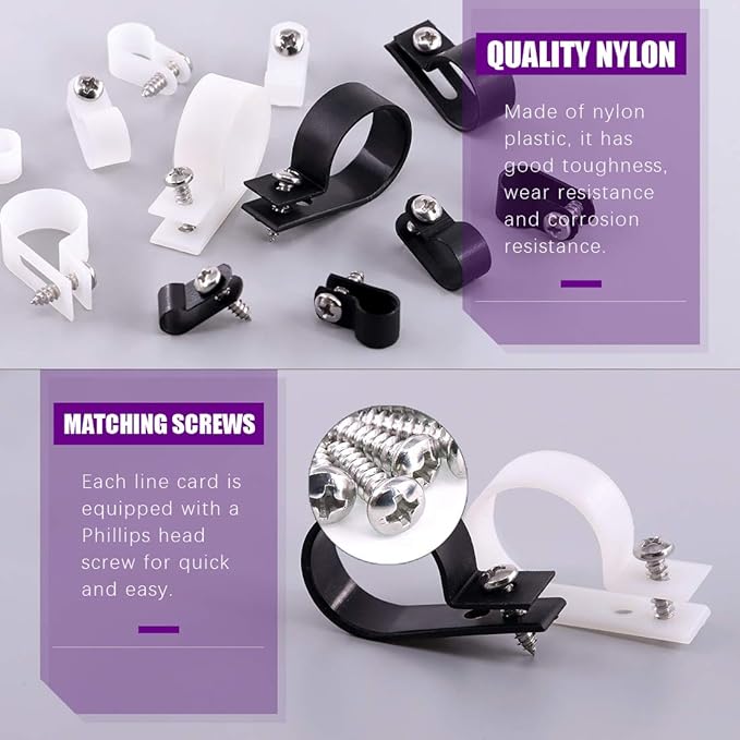Swpeet 135 Pack 6 Sizes White+Black Nylon Plastic R-Type Cable Clips Clamp Assortment Kit, 3/16" 1/4" 3/8" 1/2" 3/4" 1" Nylon Screw Mounting Cord Fastener Clips with 135Pcs Screws for Wire Management