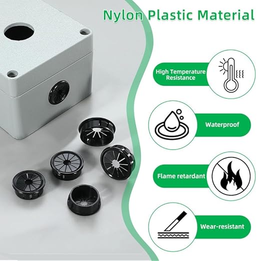 60PCS Cable Grommets, 5/8"(16mm) Desk Hole Cover Petal Shaped Buckle Type Nylon Snap Bushing Grommet, Wire Hole Cover Insert for Cables and Cords Management and Protection of Cabinet, Black