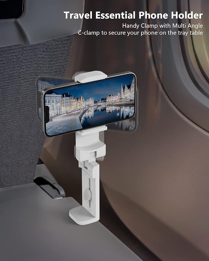 MiiKARE Airplane Travel Essentials Phone Holder, Universal Handsfree Phone Mount for Flying with 360 Degree Rotation, Accessory for Airplane, Travel Must Haves Phone Stand for Desk, White