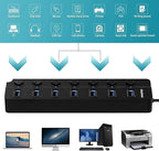 7-Port USB 3.0 Hub with Individual Power Switches and Lights, High-Speed Data Hub Splitter Portable USB Extension Hub with 120 cm Cable for PC Laptop and Others