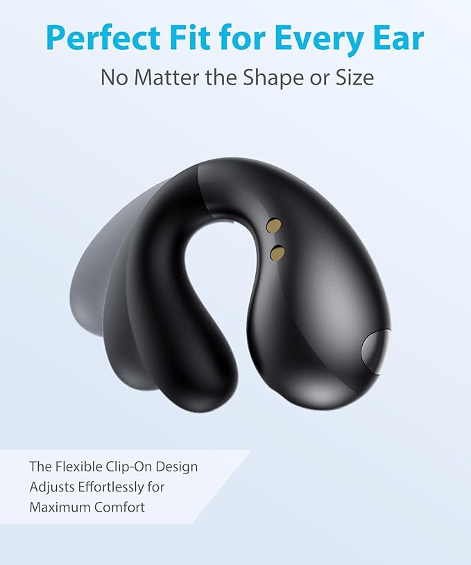 Ultra Open Ear Earbuds - Ergonomic Clip-On Earbuds, Bone Conduction Over-The-Ear Headphones with Waterproof Design and Secure Fit for Small Ears, Obsidian Black