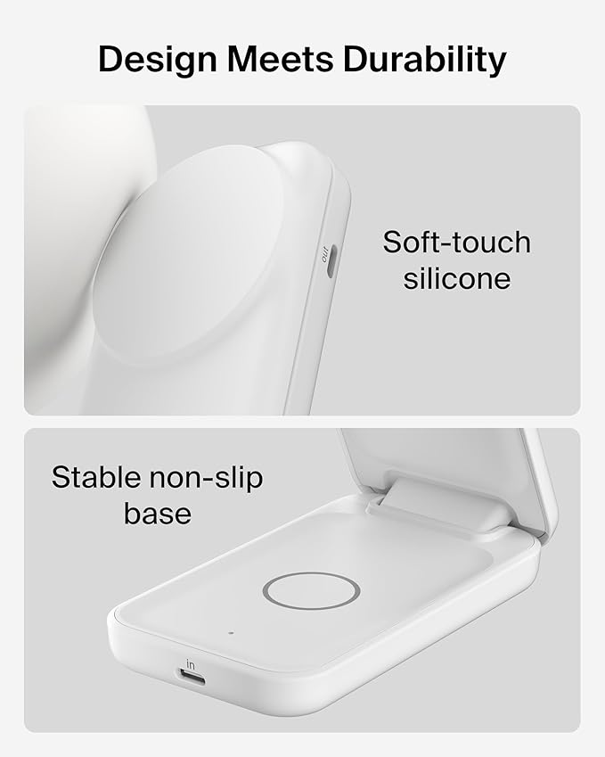 Belkin MagSafe Charger Compatible, 2-in-1 Charging Station, Qi2.2 25W Magnetic Wireless Charger Dock, Foldable Stand, with 5W USB-C Port, for iPhone 16/15/14, AirPods (45W Adapter Included)