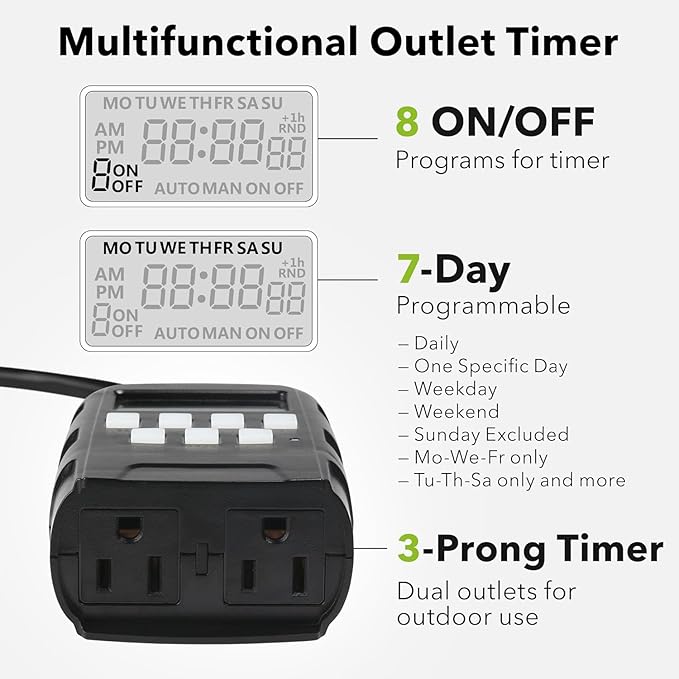 BN-LINK 7 Day Outdoor Heavy Duty Digital Programmable Timer, 125VAC, 60Hz, Dual Outlet, Weatherproof, Heavy Duty, Accurate for Lamps Ponds Christmas Lights 1875W 1/2HP ETL Listed