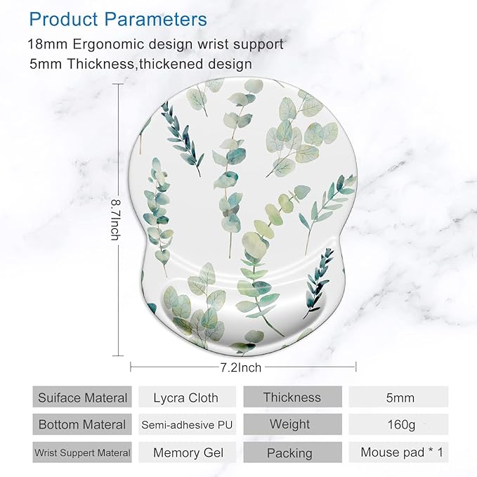 ITNRSIIET Ergonomic Mouse Pad with Gel Wrist Support Small Wrist Rest Smooth Surface Non-Slip PU Base Comfortable Office Supplies Pain Relief, 8.7 x 7.2 inches, Eucalyptus Branches