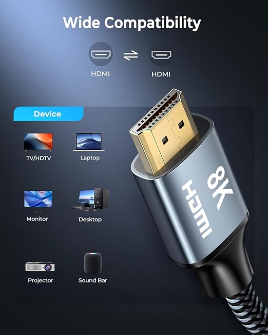 8K HDMI Cable 16ft, 48Gbps High Speed HDMI 2.1 Cable, HDMI Cord 8K@60Hz 4K@120Hz Support for HDR eARC HDCP 2.2&2.3, HDMI Cable 2.1 Compatible with HDTV, Laptop, Monitor, PC