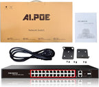 STEAMEMO 28 Port PoE Switch, 24 PoE+ Port@ 360W, 2 Gigabit Uplink, 2*1G SFP, 802.3af/at, Metal Casing 19-inch Rackmount, Overload Protection w/ Port, Unmanaged Plug and Play