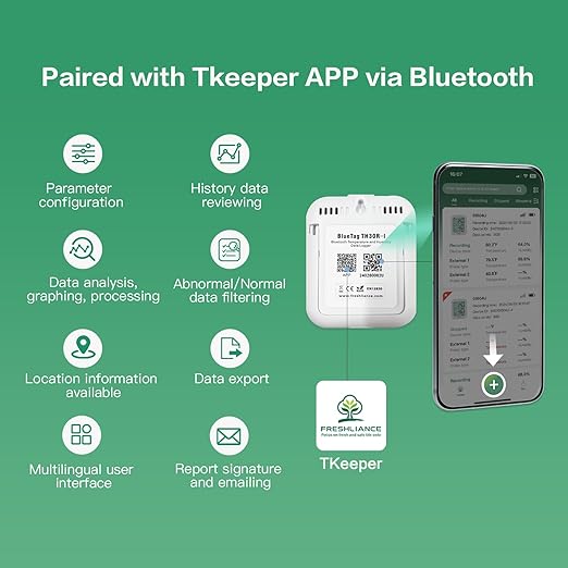 Freshliance Temperature Humidity Data Logger Recorder Bluetooth with 2pcs External Probe, Digital Refrigerator Thermometer Hygrometer, Remote Data Recording Analysis Alarm by Smart APP,BlueTag TH30R-I