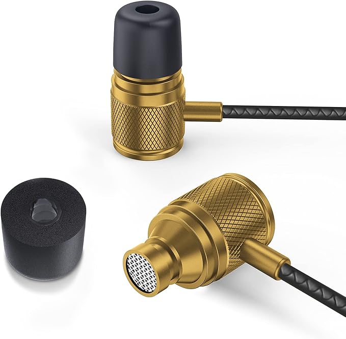 LUDOS Ultra Wired Earbuds in-Ear Headphones, 5 Years Warranty, Earphones with Microphone, Noise Isolating Ear Buds, Memory Foam for iPhone, Samsung, School Students, Kids, Women, Small Ears - Gold
