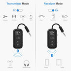 Bluetooth 5.3 Transmitter Receiver for Airplane to 2 Headphone – AptX Low Latency, 100ft Long Range, 25H Playtime, 2-in-1 Wireless Bluetooth Audio Adapter W/Screen for TV, Tablets, Speakers
