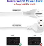 Adoreen 2 Ft Computer TV Replacement Power Cord White, 90 Degree Angled L-Shaped 18AWG 3-Prong AC Universal Power Supply Cable NEMA 5-15P to IEC 320 C13 for Printer, PC, Monitor TV LCD, ETL+Ties
