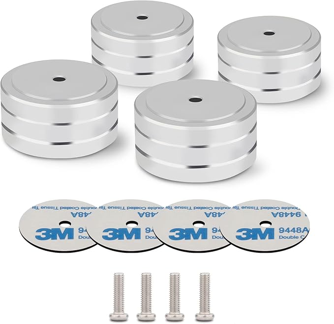 Monosaudio Isolation Feet HiFi Feet 4Pcs 40x20mm Aluminum Universal Turntable Feet with Non-Slip Rubber Rings No Need Adhesive for Audio,Speakers,Subwoofers,Home Theater,Turntable,DAC(Silver Color)