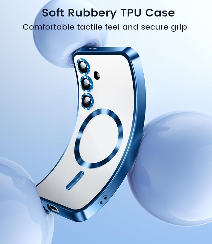 Slim Thin for Samsung Galaxy S25 Plus Case, Compatible with MagSafe, Built-in Camera Lens Protector, Shockproof Protective Phone Case, Soft Electroplated Clear Cover, Sapphire Blue