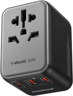 MOMAX Universal Travel Adapter, 20W+18W International Plug Adapter with 2 USB-A Quick Charging & 1 USB C PD Fast Charging,1 AC, All-in-one Wall Charger for USA EU UK AUS JP (Type C/A/G/I)