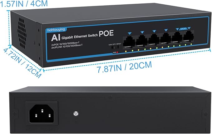 4 Port Gigabit PoE Switch with 2 Gigabit Uplink, 1000Mbps, 802.3af/at, 65W Built-in Power, Vlan, Unmanaged Metal Plug and Play, Ideal for NVR and Power Over Ethernet Security Cameras
