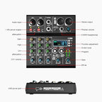 mw-4 black 4Channel Audio Mixer with 99 Sound Effects for PC,Portable Sound Mixing Console with BT USB Recording Input for Live Streaming,Podcasting