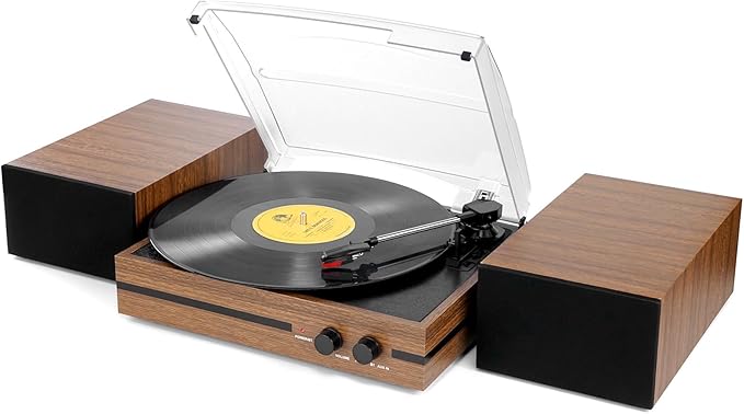 Vinyl Record Player with Dual Stereo Bookshelf Speakers Vintage Belt Drive Bluetooth Turntable with External Speakers,Convert Vinyl to MP3,LP Players AUX Headphone Input RCA Out,Brown