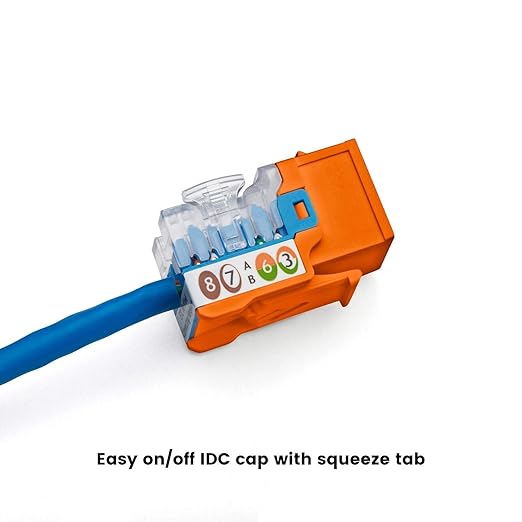 trueCABLE Cat5e Keystone Jack, Unshielded (UTP), 90 Degree Punch-Down, PoE++ (4PPoE) 100W, UL Listed, ETL Verified, ANSI/TIA Certified, Modular RJ45 Female, Orange, 12 Pack
