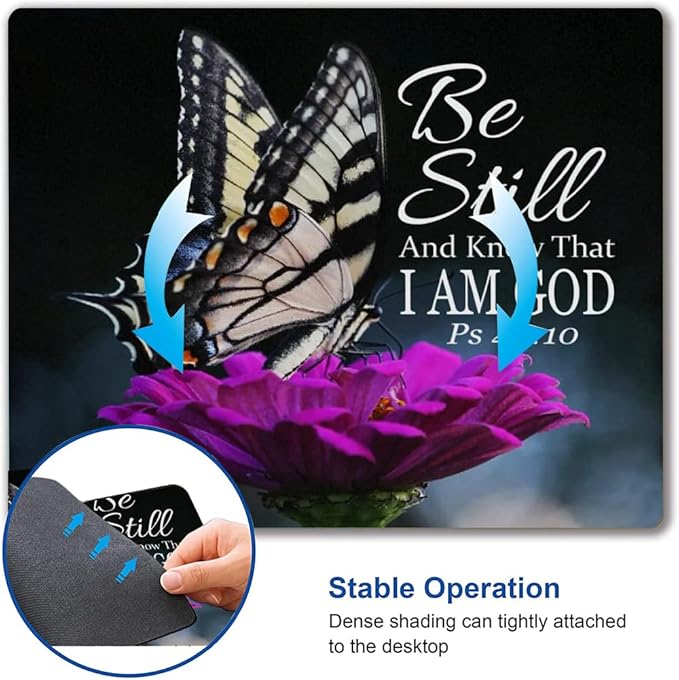Hokafenle Mouse Pad, Butterfly Mouse Pad with Inspirational Quote Design, Square Waterproof Cloth Mouse Mat Non-Slip Rubber Base Computer MousePads for Office Laptop, Psalm 46:10